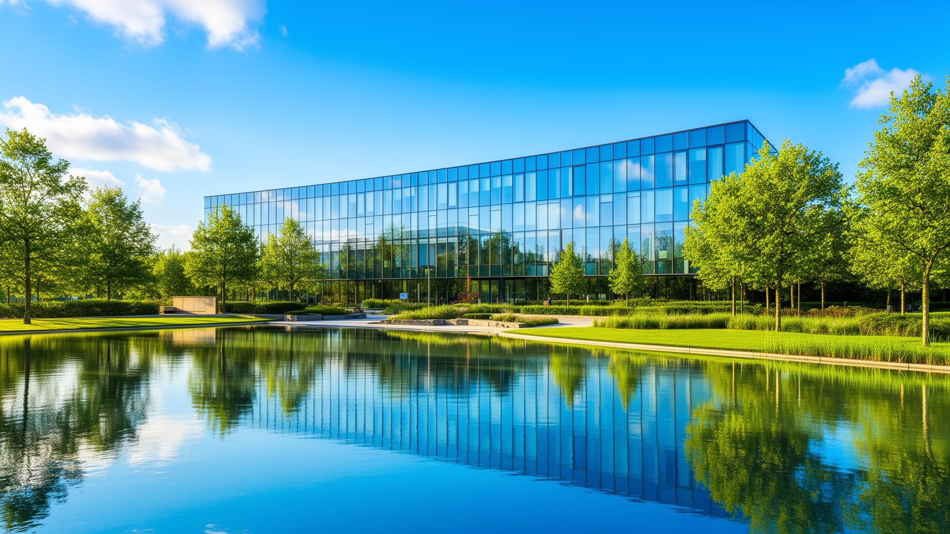Architectural masterpiece corporate headquarters at dusk with sustainable green roof over calm water